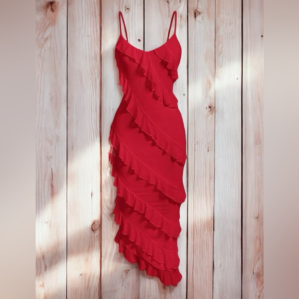 Sassy asymmetrical red ruffle bodycon cami dress💃🏻
